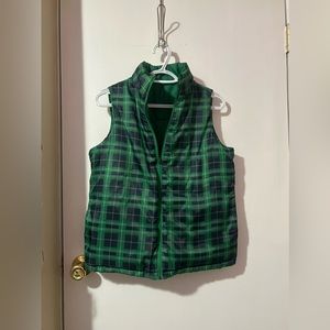 Green Reversible Plaid Puffer Vest With Pockets
